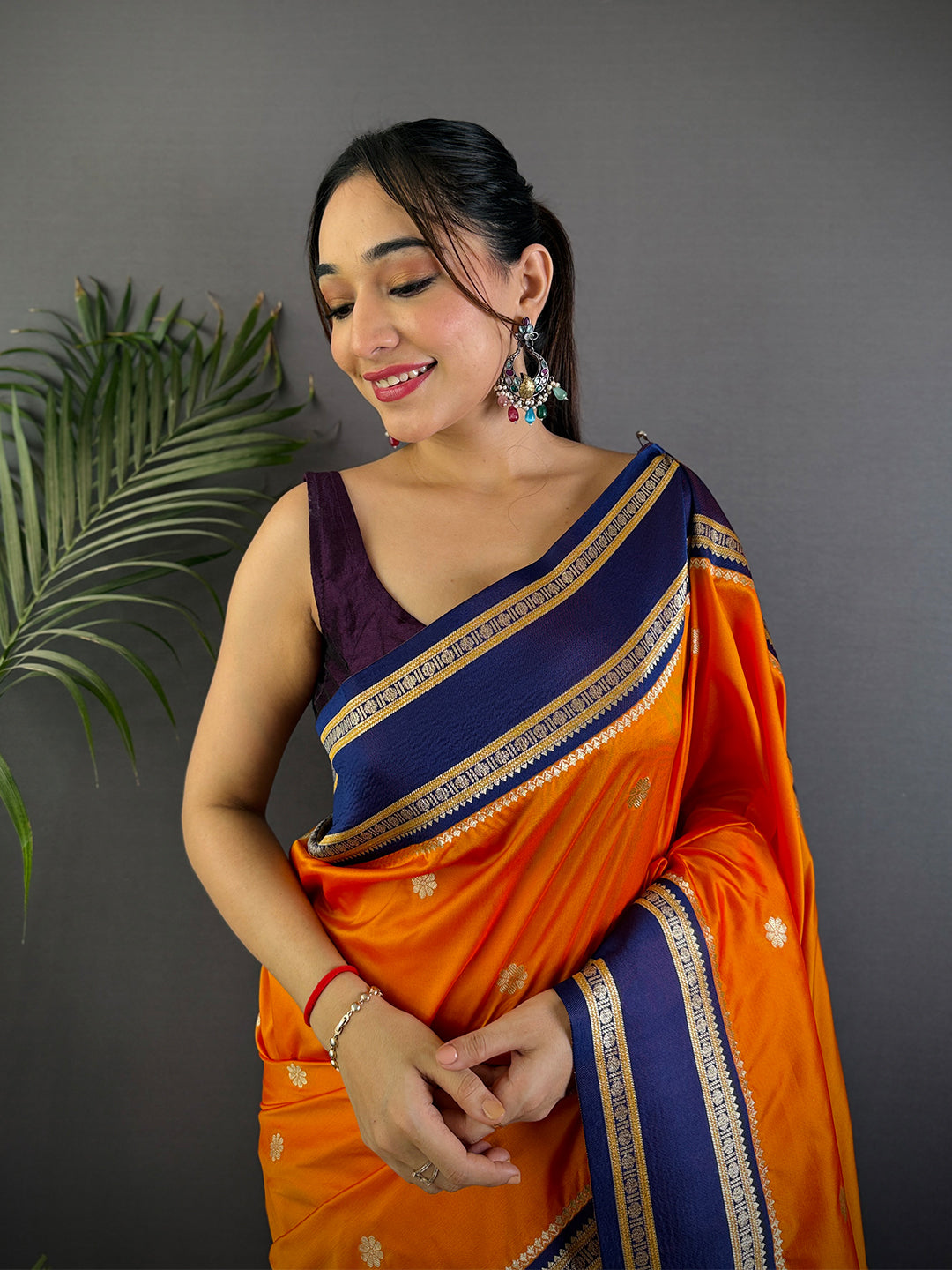 Navy Blue Soft Silk Floral Butta Saree