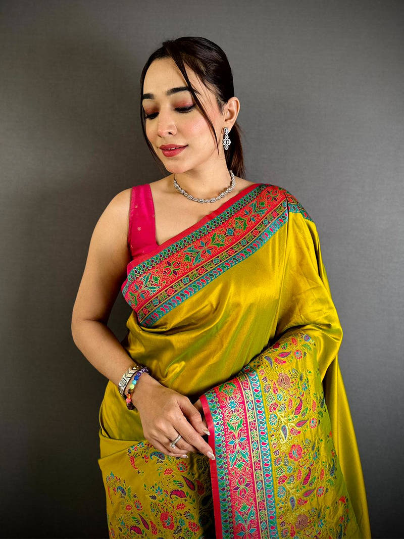 Green Kashmiri Pashmina Semi Silk Saree