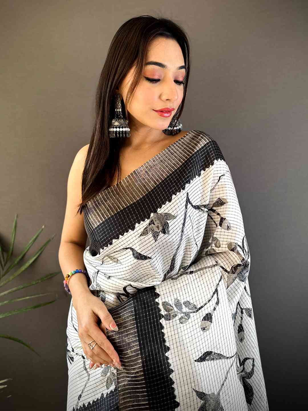 Kalamkari Black Check Tissue Chanderi Saree