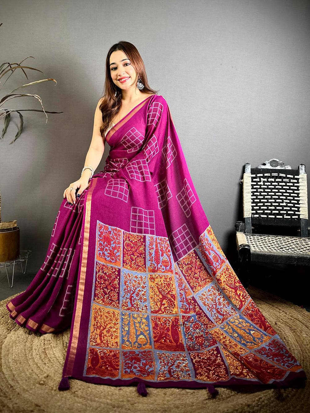 Wine Mul Cotton Kalamkari Print Pallu Saree