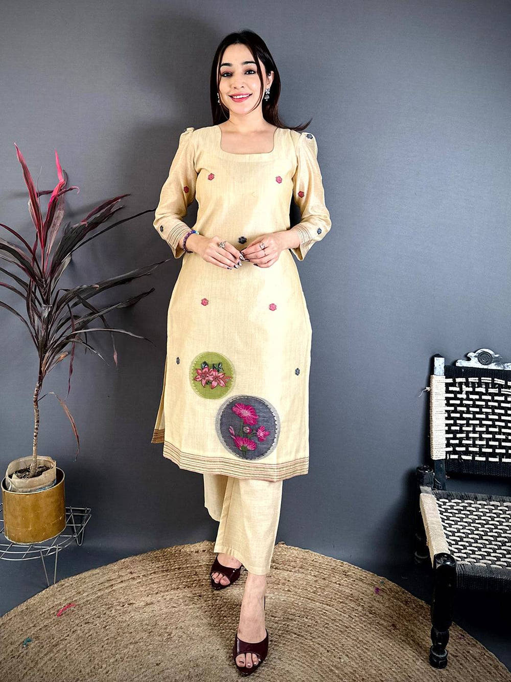 Opulent Beige Floral Cotton Dress