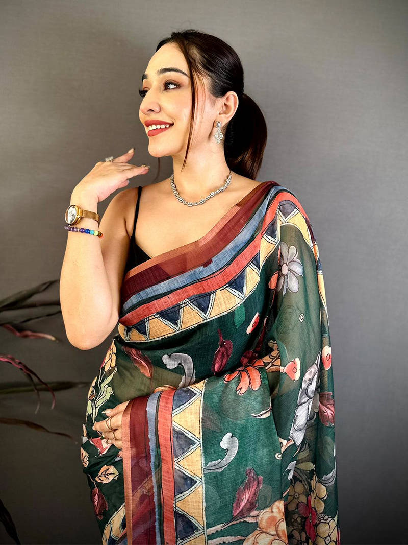 Green Free Hand Floral Linen Saree