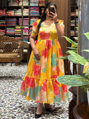 Daylily Yellow V Neck Midi Dress with floral pattern