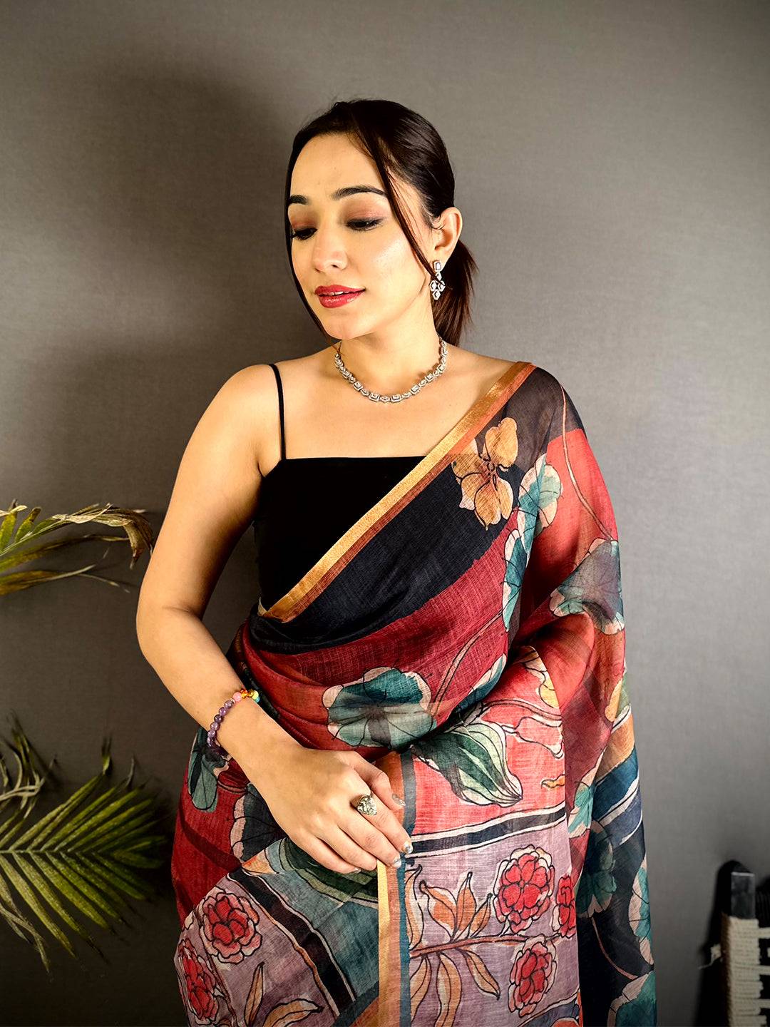 Classic Hand Block Floral Linen Saree