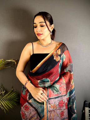 Classic Hand Block Floral Linen Saree