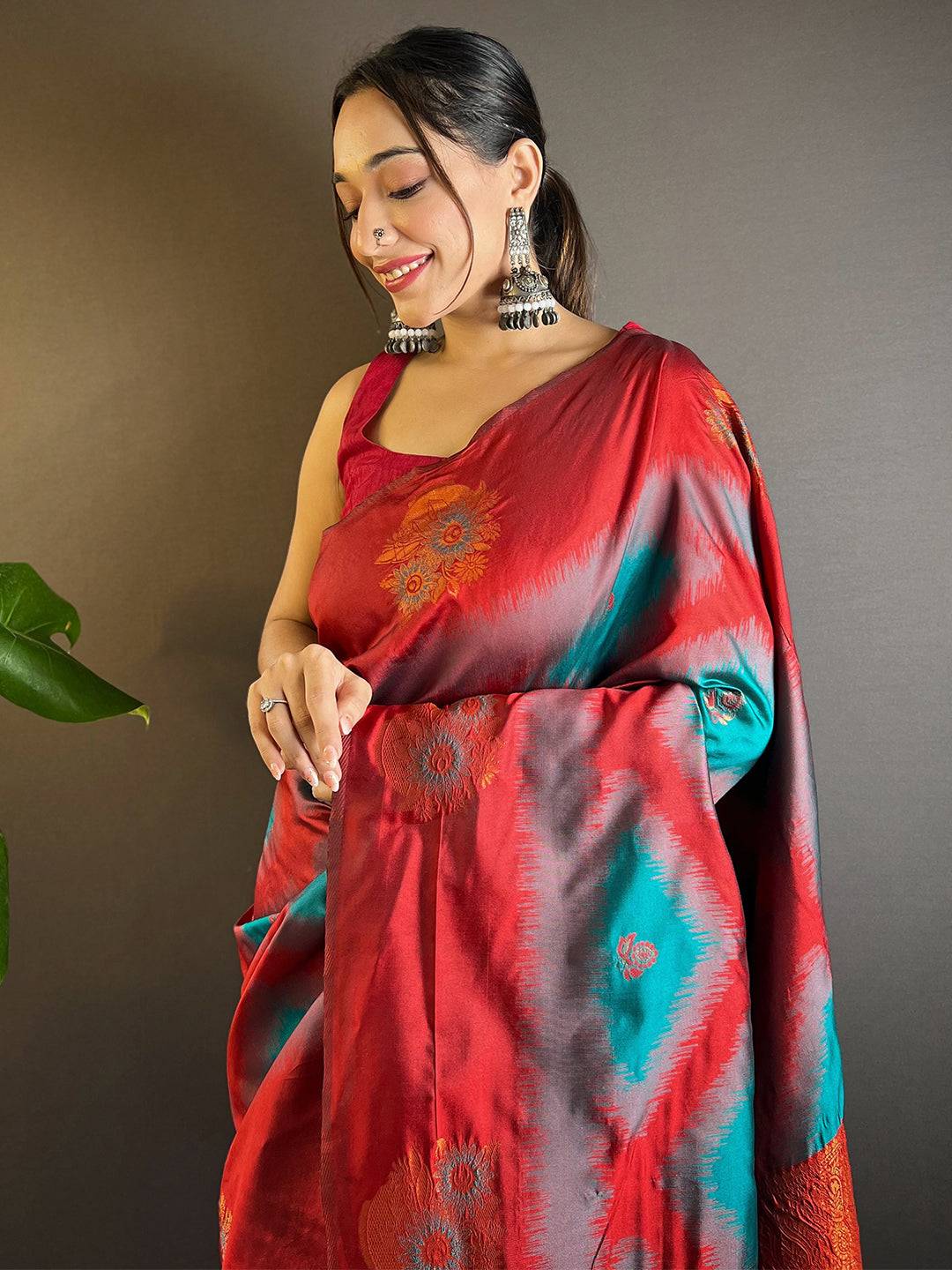 Teal Tussar Silk Ikkat Weaving Saree


