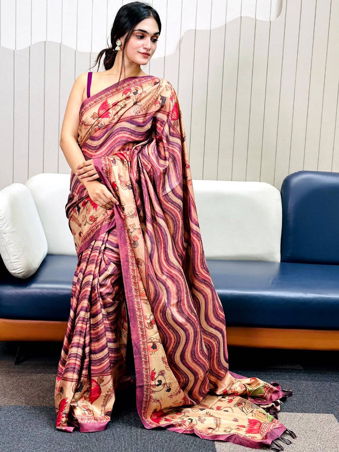 Stylish Wine Tussar Silk Saree featuring Kalamakri and Leheriya Print