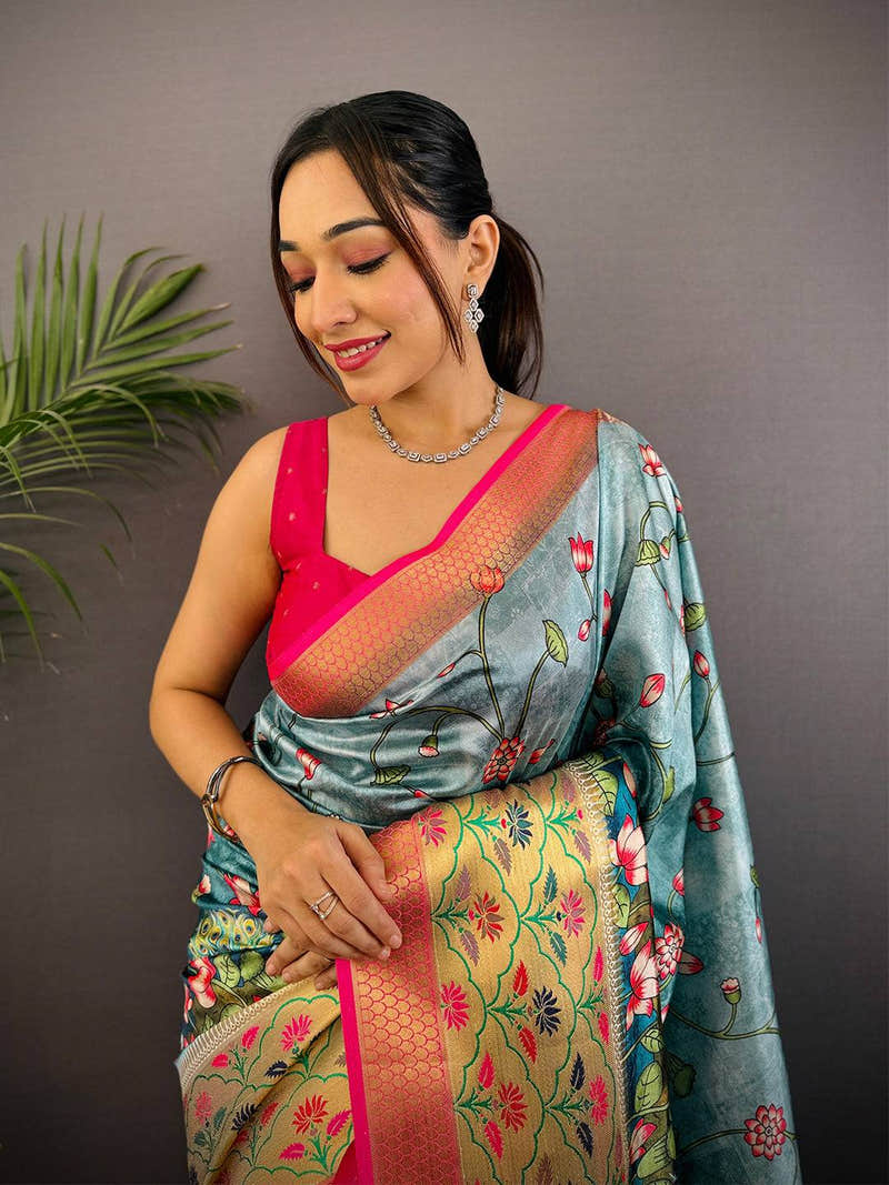 Teal Freehand Digital Print Soft Silk Saree