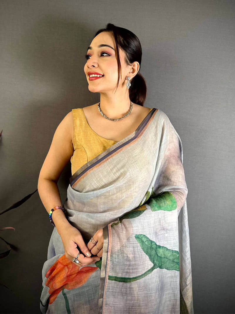 Grey Pen Kalamkari Linen Saree