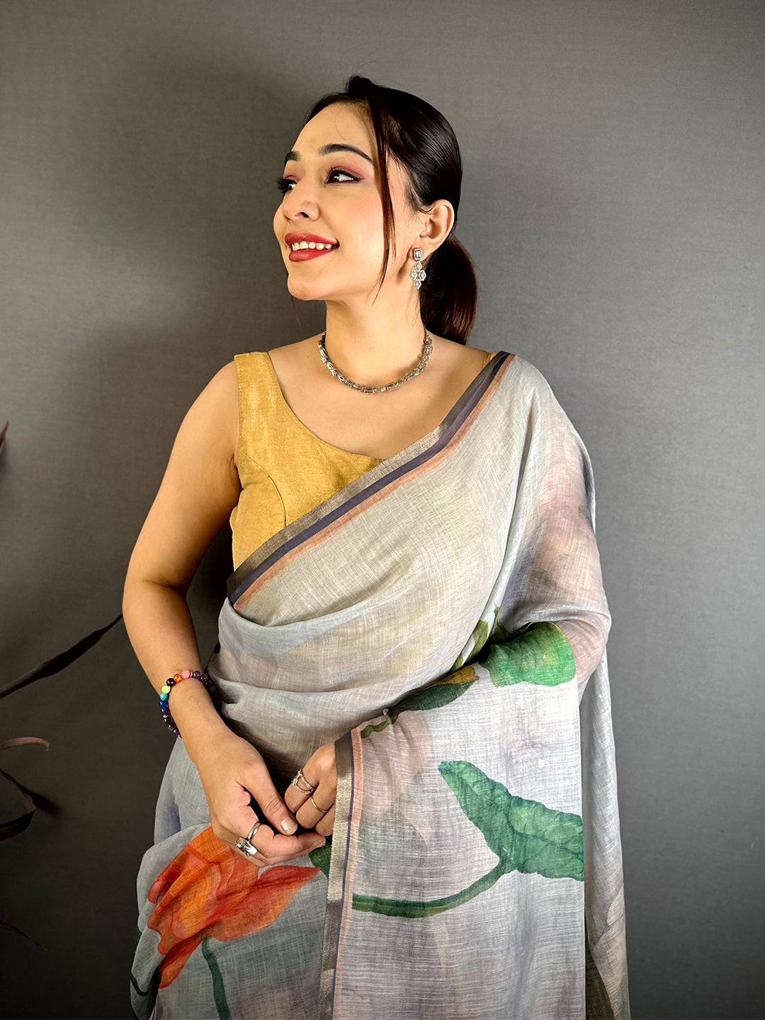 Grey Pen Kalamkari Linen Saree