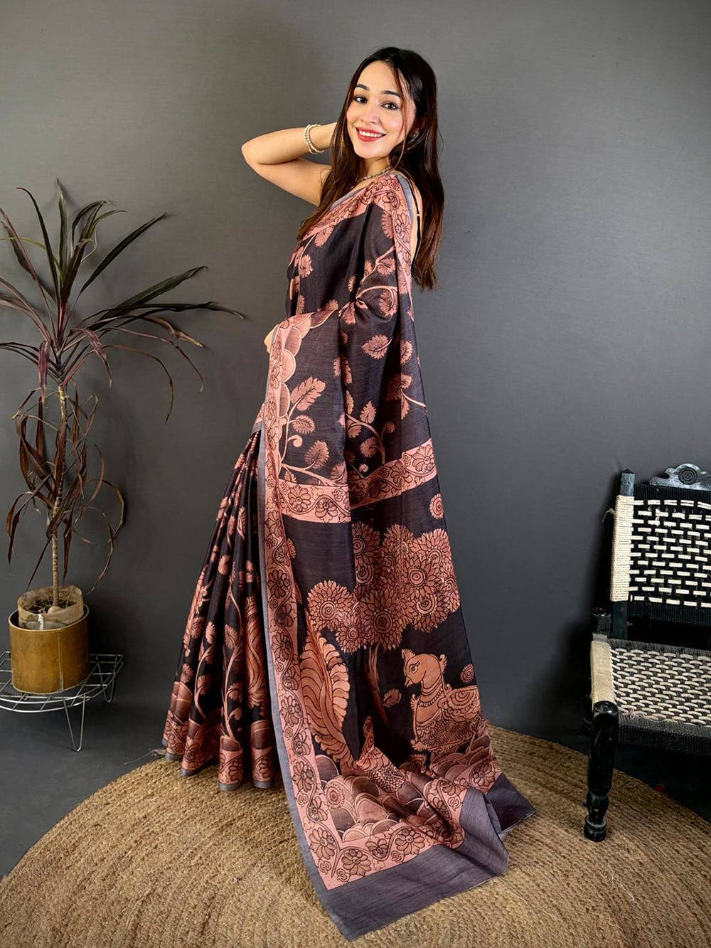Black Soft Tussar Kalamkari Print Saree