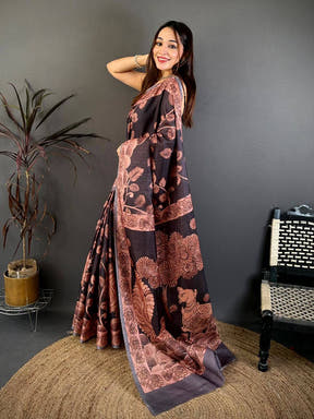 Black Soft Tussar Kalamkari Print Saree