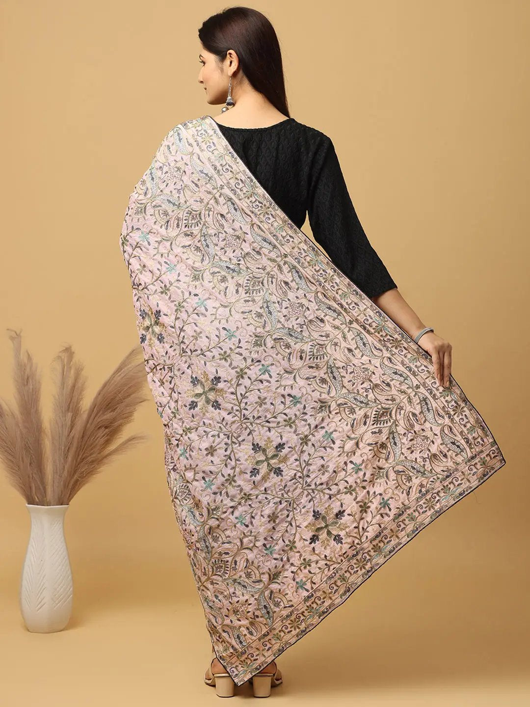 Back view of light pink poly chiffon pashmina dupatta