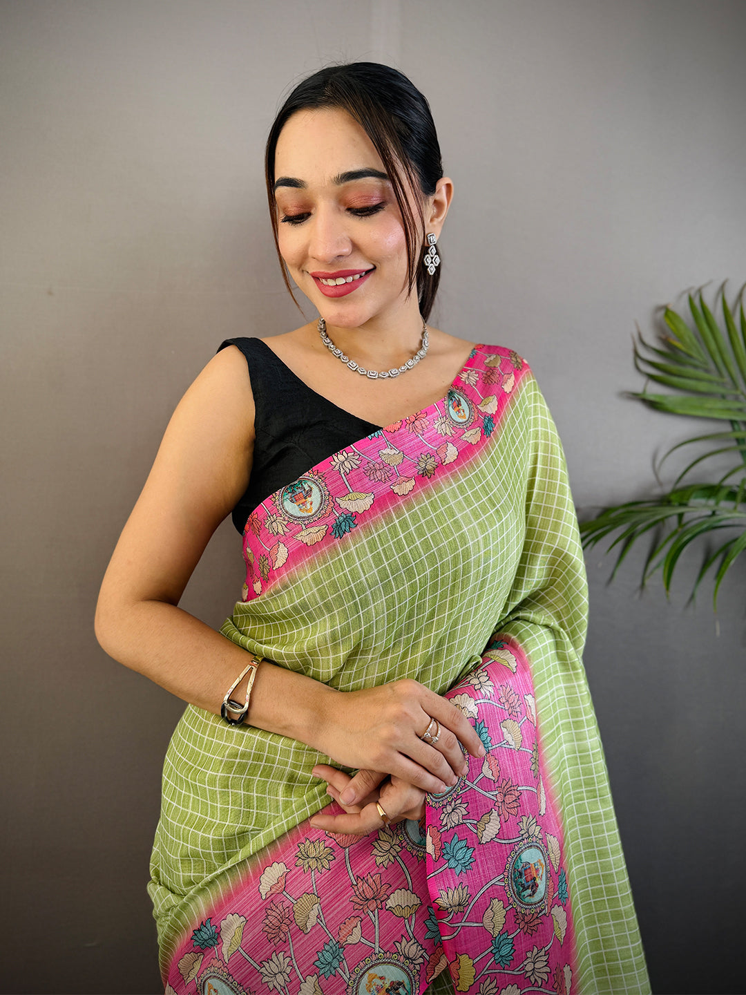 Mint Green Linen Kalamkari Print Saree