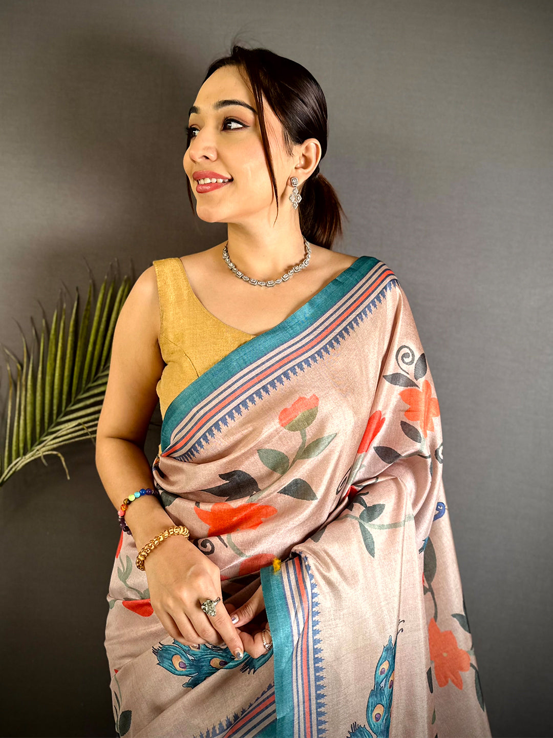 Pink Floral Tussar Ikkat Border Saree