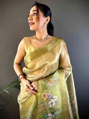 Pista Tissue Digital Floral Saree