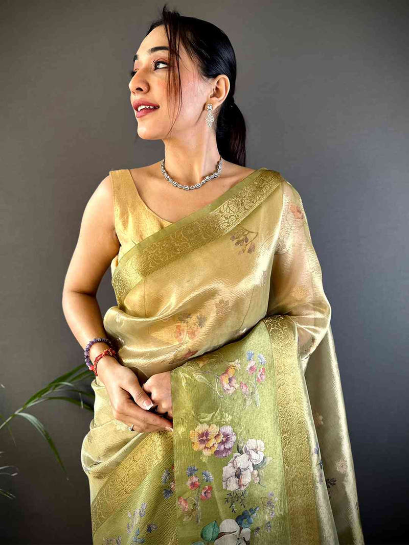 Pista Tissue Digital Floral Saree