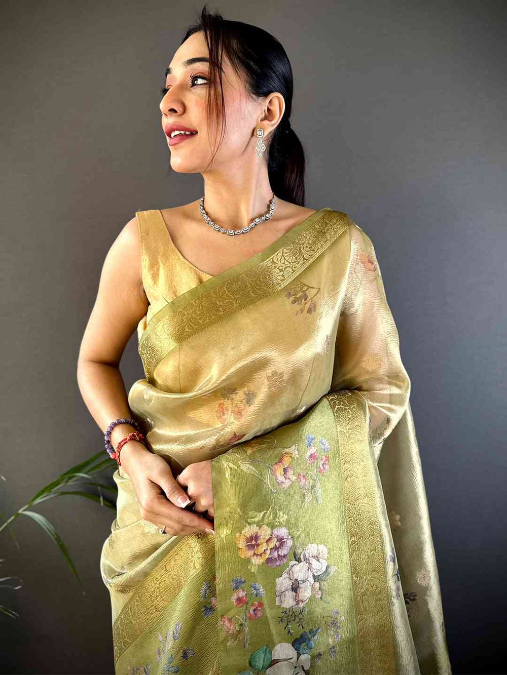 Pista Tissue Digital Floral Saree