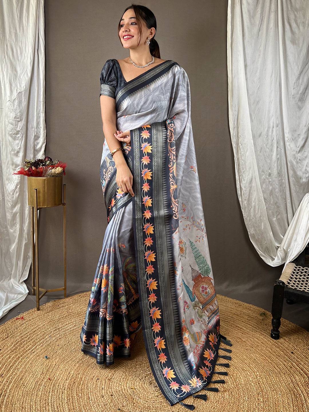 Elegant Dove Grey Kota Saree featuring rich satin border
