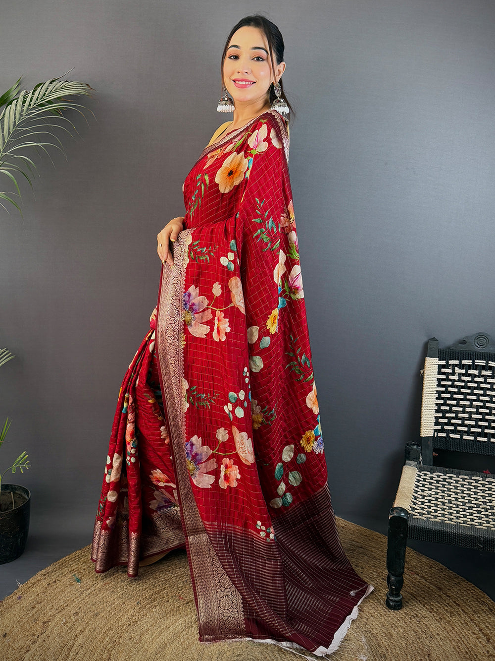 Wine Floral Kalamkari Viscose Saree