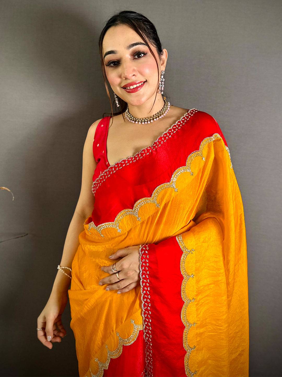 Celebrity Silky Satin Diamond Zarkon Work Saree