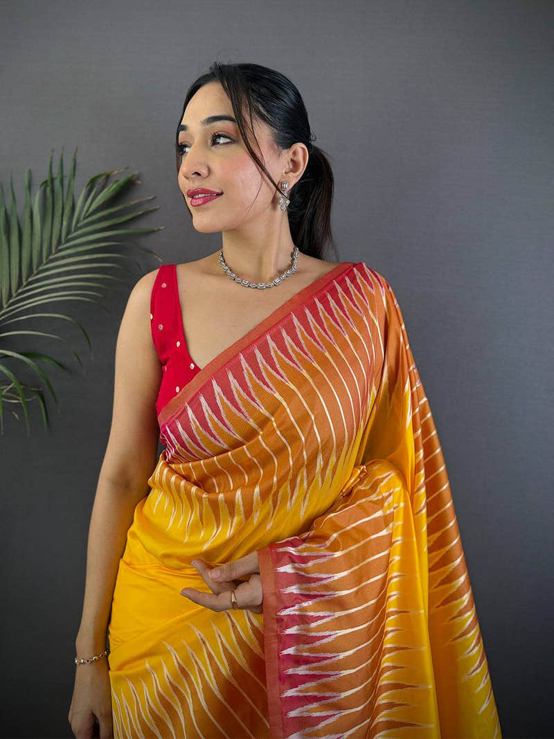 Yellow Soft Silk Ikkat Zari Weaving Saree