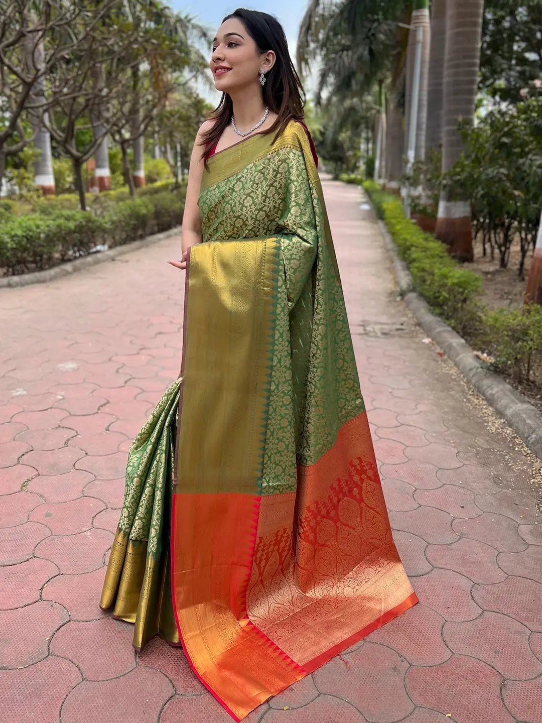 Pista Colour Tissue Saree with Gold Jacquard Woven Work