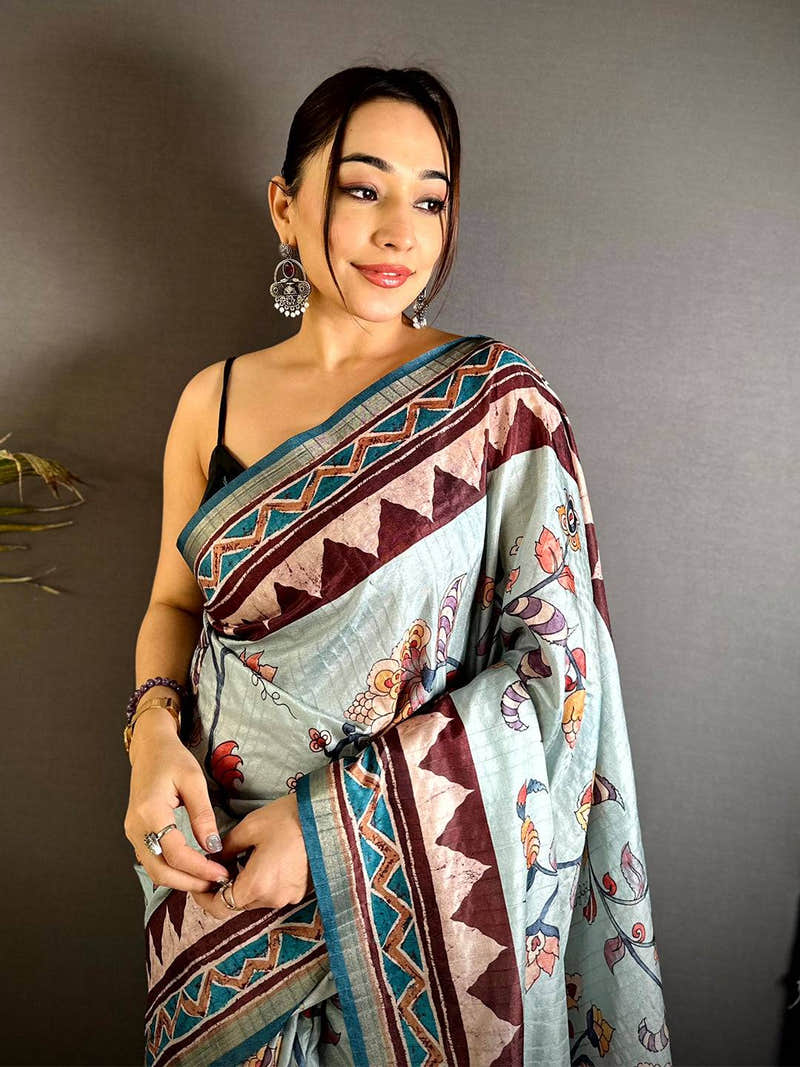 Radiant Ajrakh Kalamkari Tussar Saree
