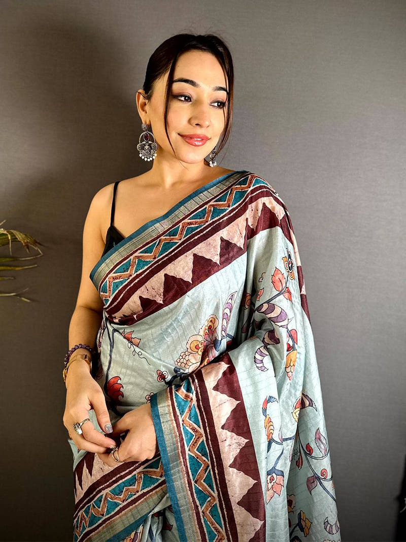 Radiant Ajrakh Kalamkari Tussar Saree