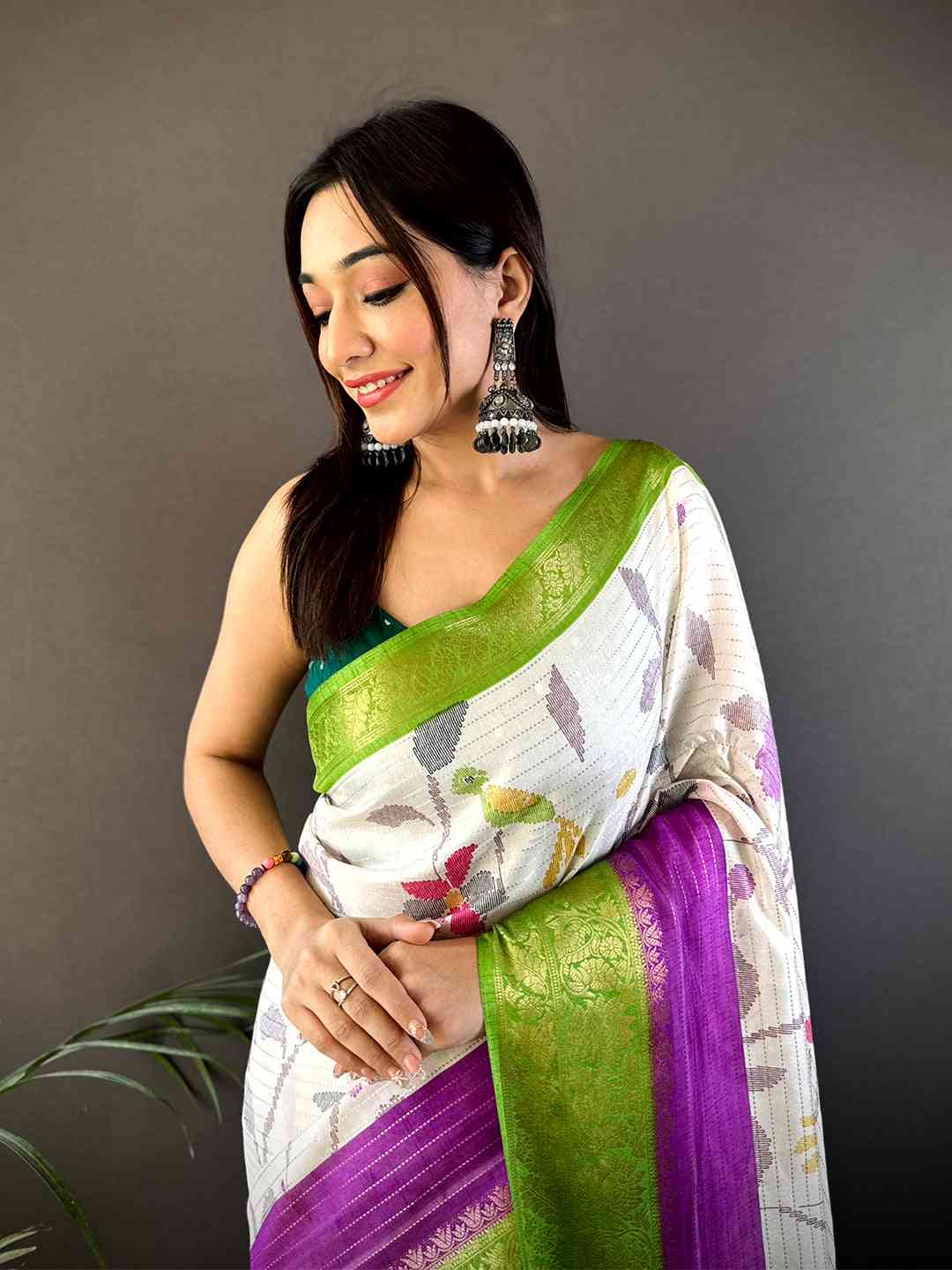 Green Dola Silk Bird Print Saree
