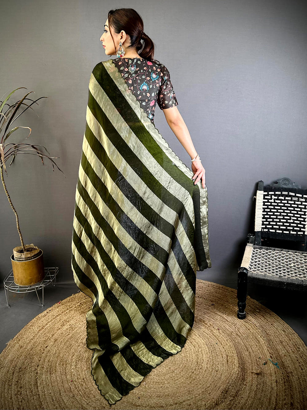 Opulent Shiny Silk Striped Print Saree