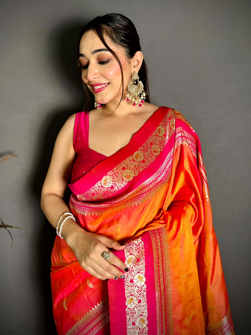 Gold Zari Woven Rani Soft Silk Saree