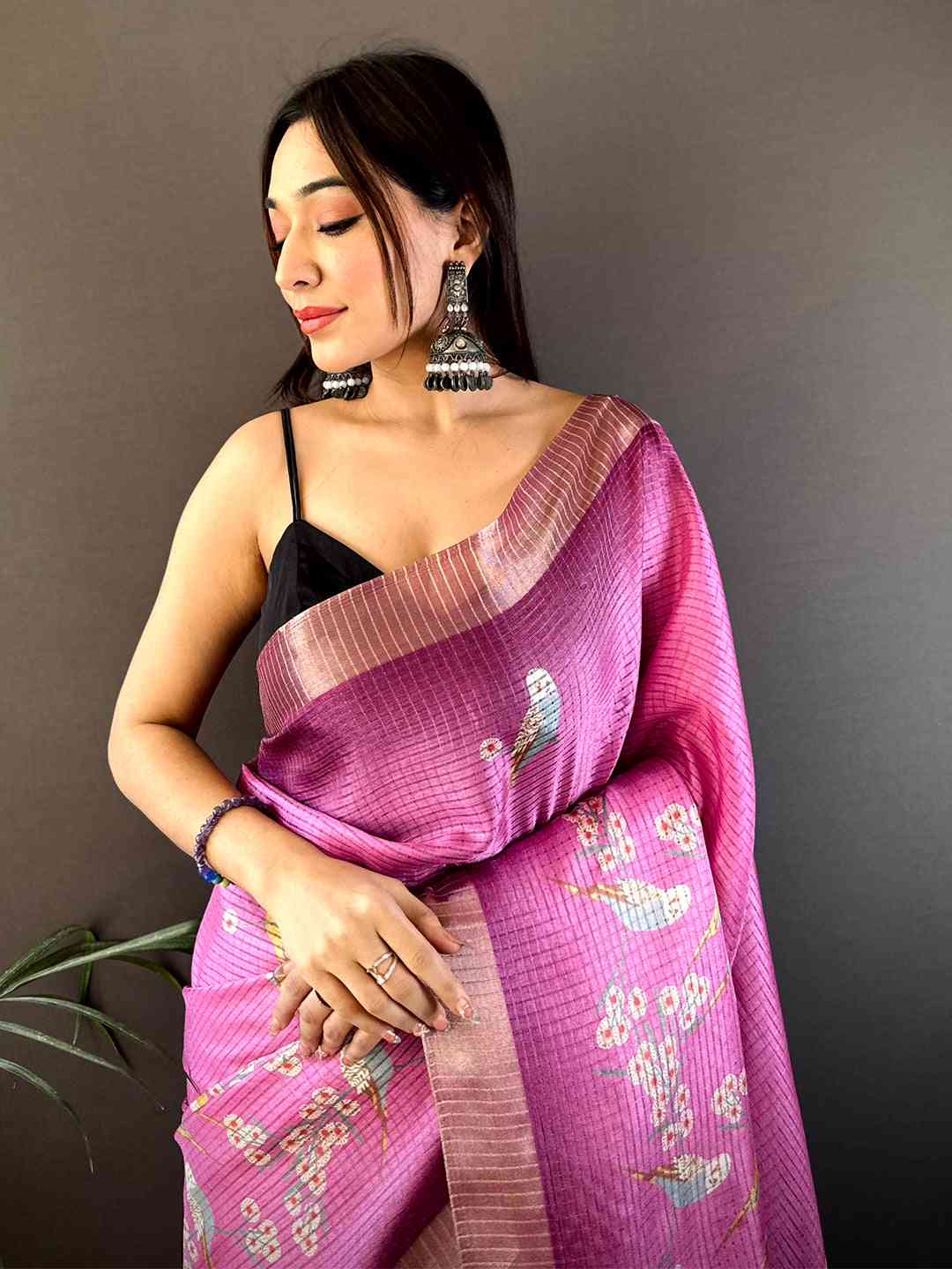 Pink Chanderi Check Sparrow Print Saree