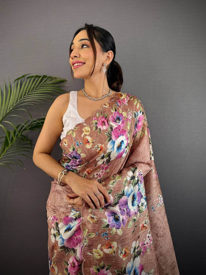 Brown Kota Doriya Floral Cut Work Saree