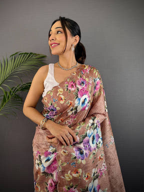 Brown Kota Doriya Floral Cut Work Saree
