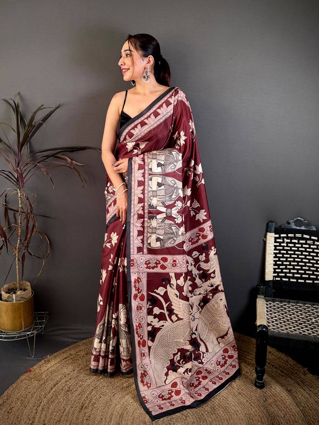 Elegant Maroon Kalamkari Printed Tussar Saree