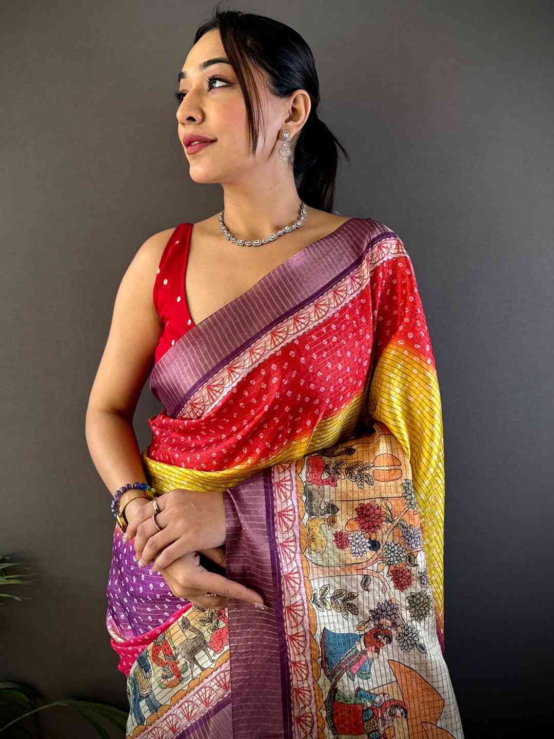 Artful Silk Blend Bandhani Print Saree


