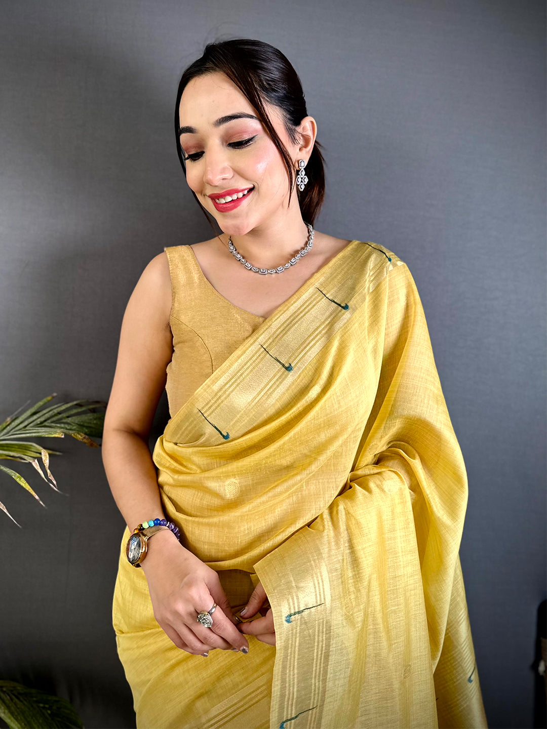 Yellow Minakari Grace Khadi Linen Saree