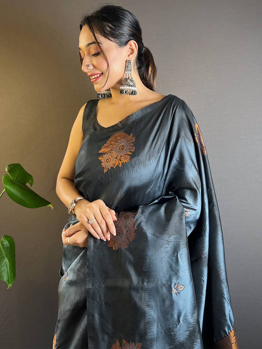 Black Tussar Silk Ikkat Weaving Saree worn by model