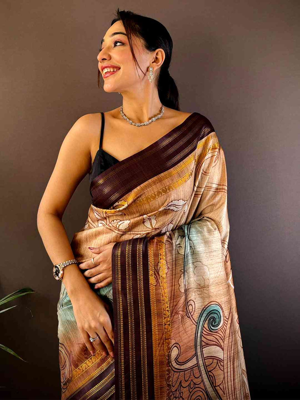 French Beige Soft Silk Abstract Geometric Saree