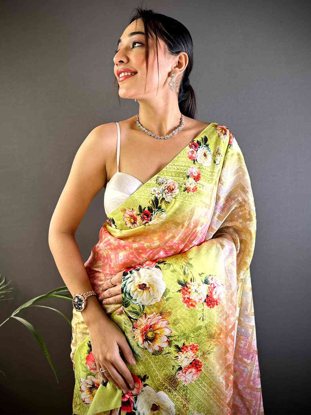 Lime Green Zari Zigzag Kota Doriya Saree