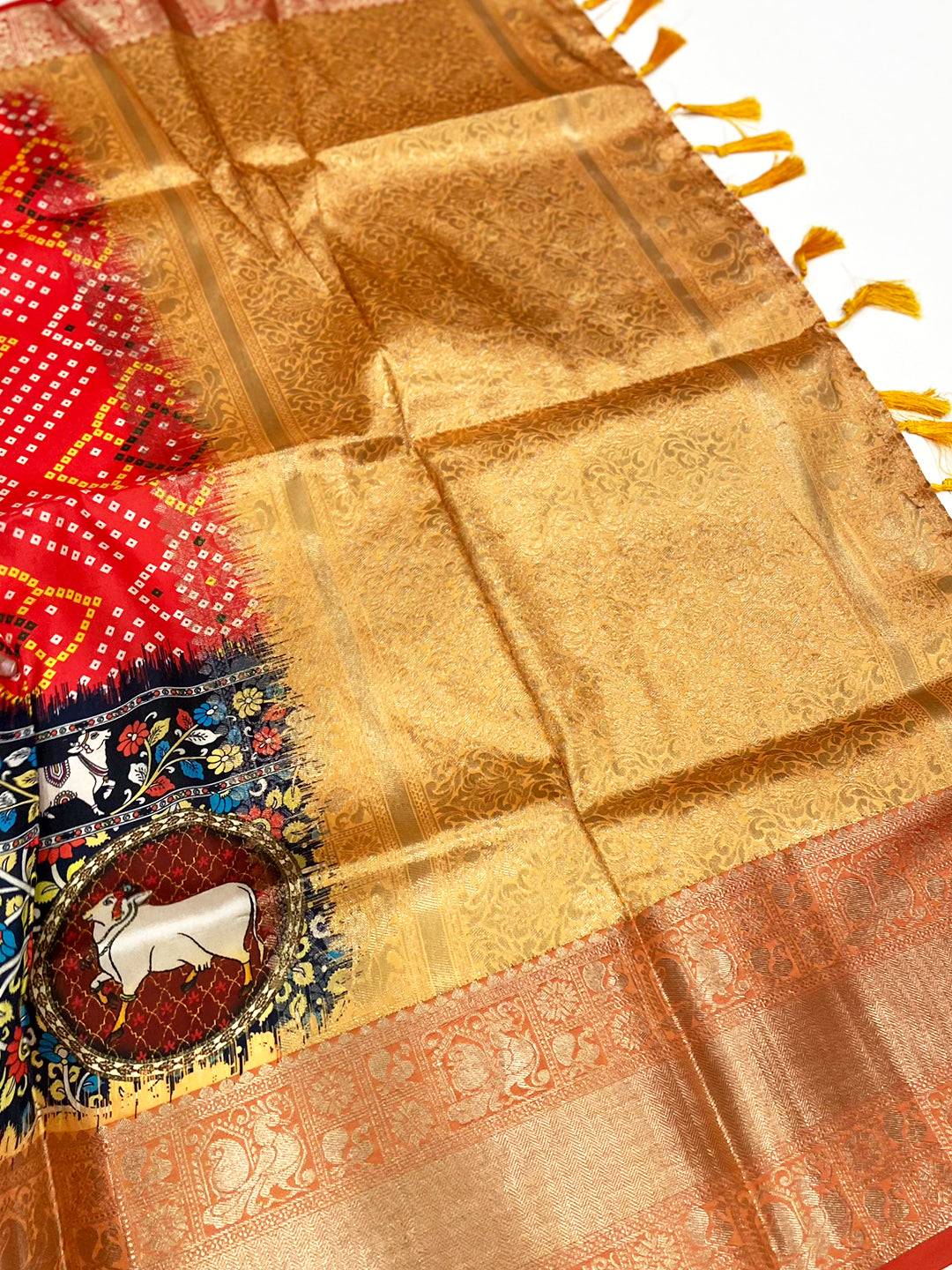 Red Bandhej Printed Banarasi Saree