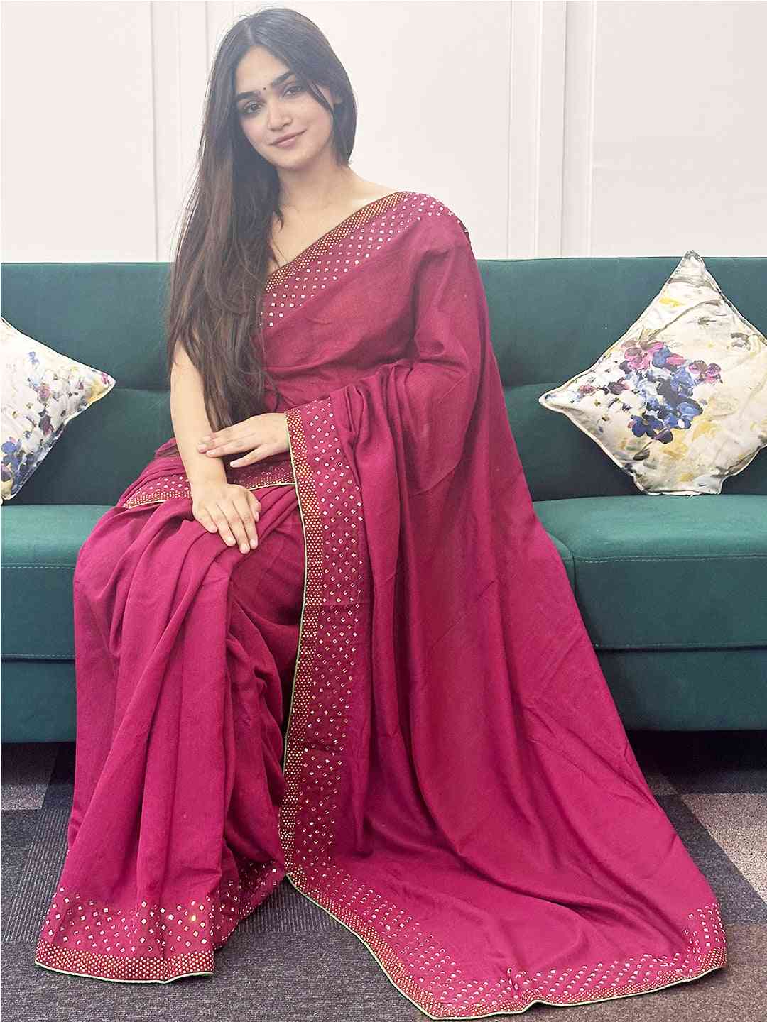Wine Vichitra Silk Saree with Swarovski stones, model seated