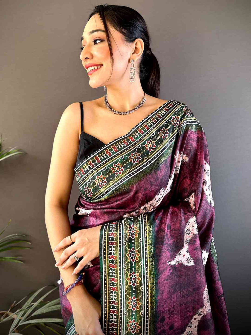 Dark Wine Soft Silk Fish Kalamkari Saree