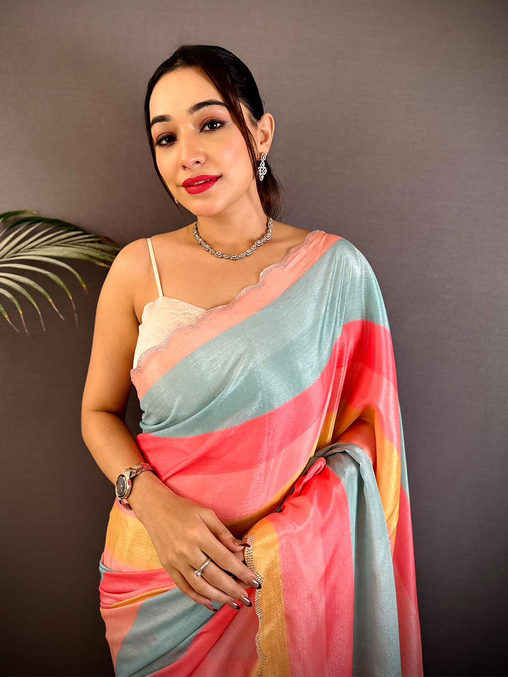 Radiant Soft Chiffon Swarovski Striped Saree