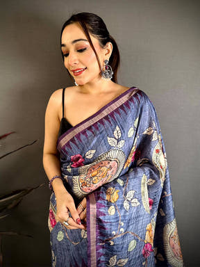 Stylish Pochampally Art Pallu Tussar Saree