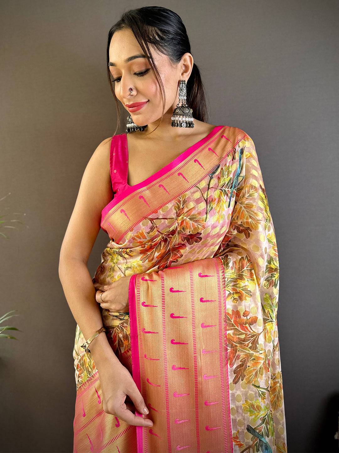Light Beige Paithani Kora Silk Saree
