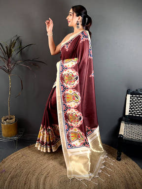 Maroon Patola Print Soft Kanchi Silk Saree