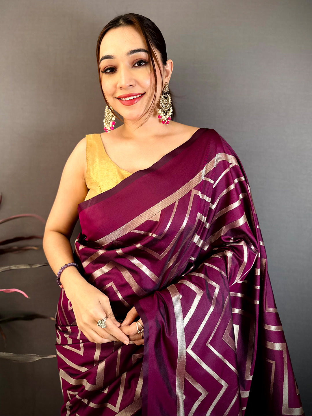 Wine Geometric Zari Weave Banarasi Saree