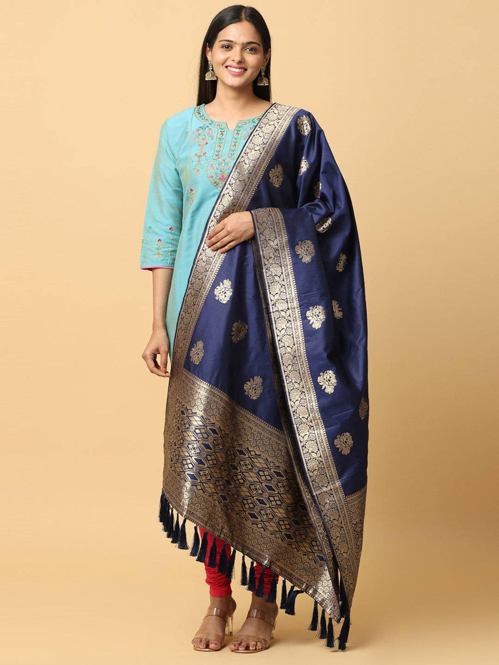 Stylish navy silk blend dupatta featuring woven motifs